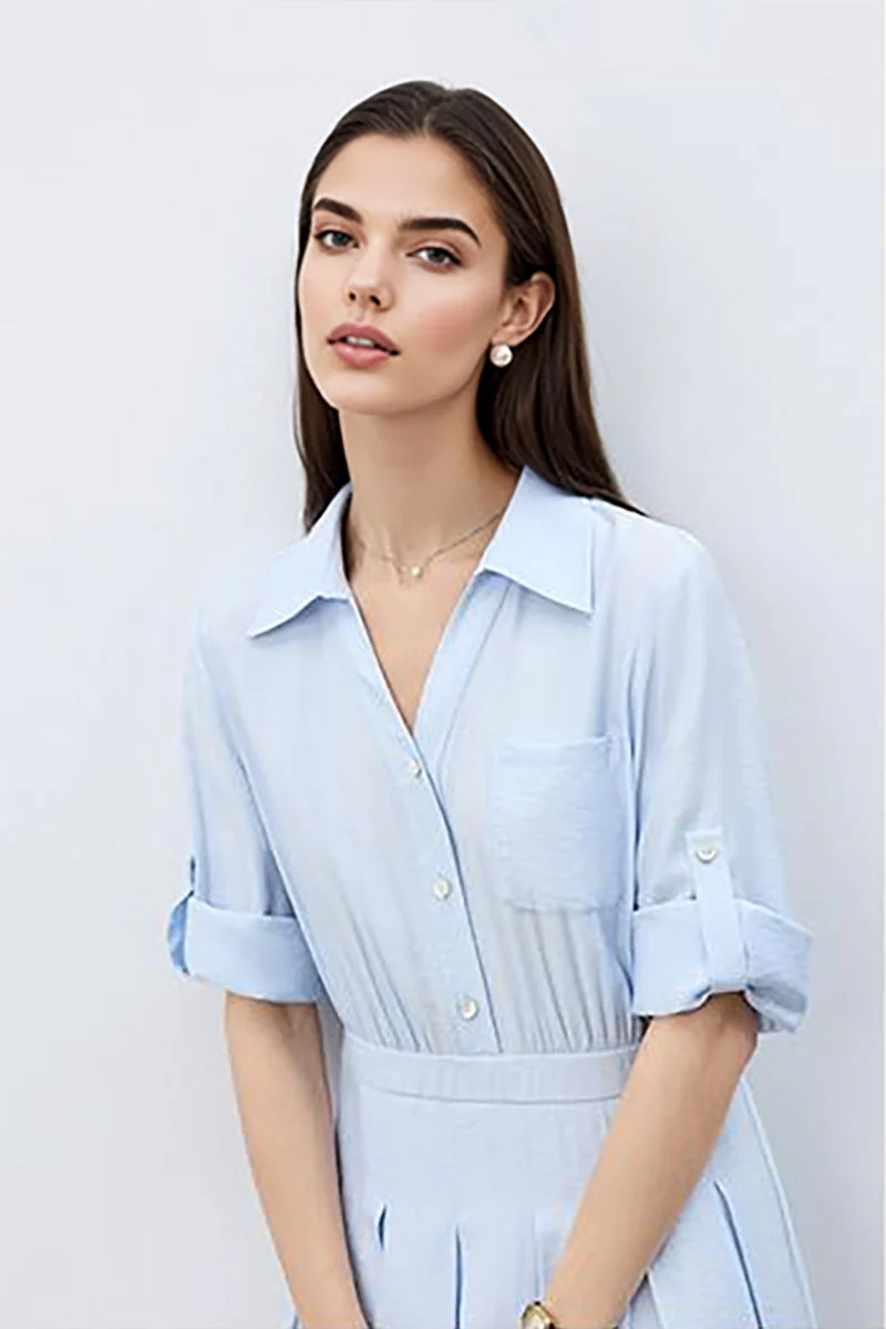 Baby Blue Long Sleeve Midi Shirt Dress - JIEEQQ