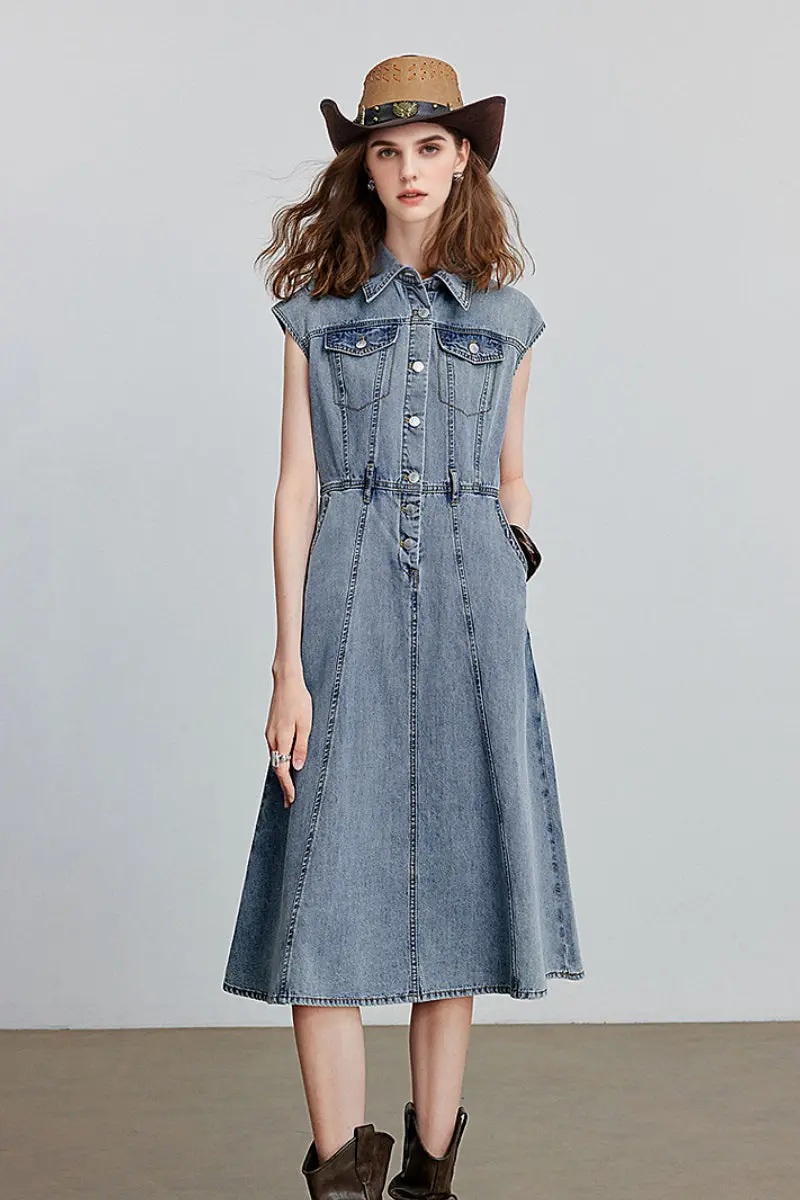 Vintage-Inspired Sleeveless Utility Denim Midi Dress - HBQMJX