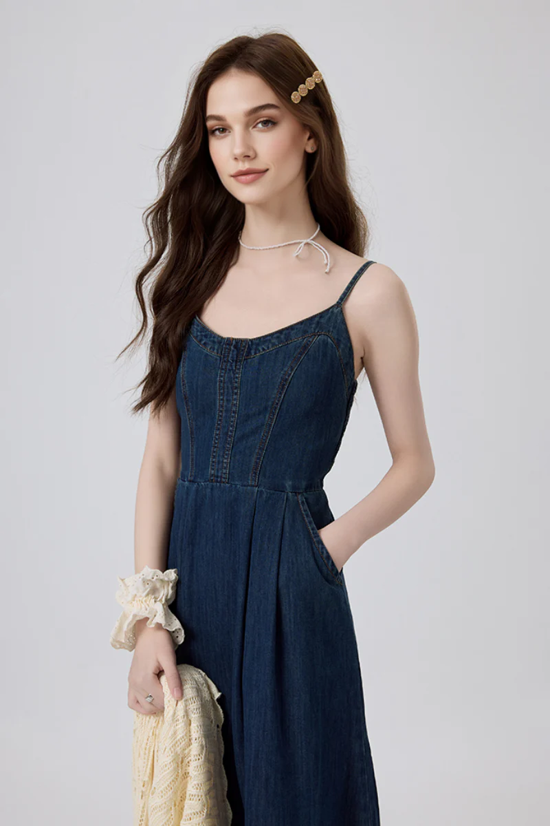 Denim Spaghetti-Strap Midi Dress With Pockets - HBQMJX