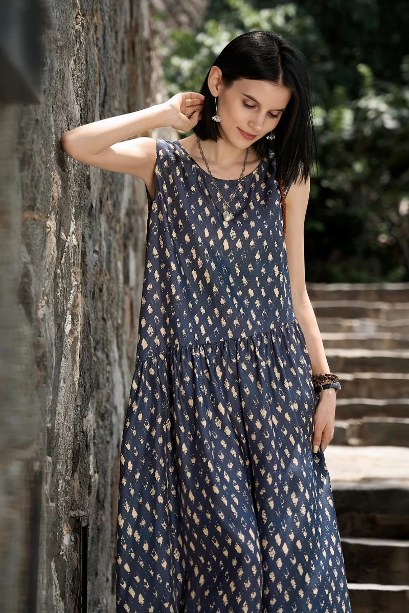 100% Silk Twill Printed Trapeze Midi Dress - HBQMJX