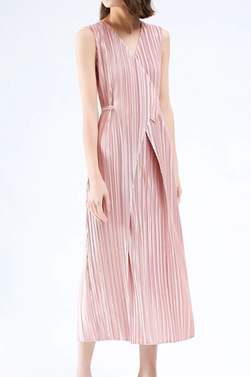 Designer Inspired Pleated Sleeveless Wrap Midi Dress in Pink - HBQMJX