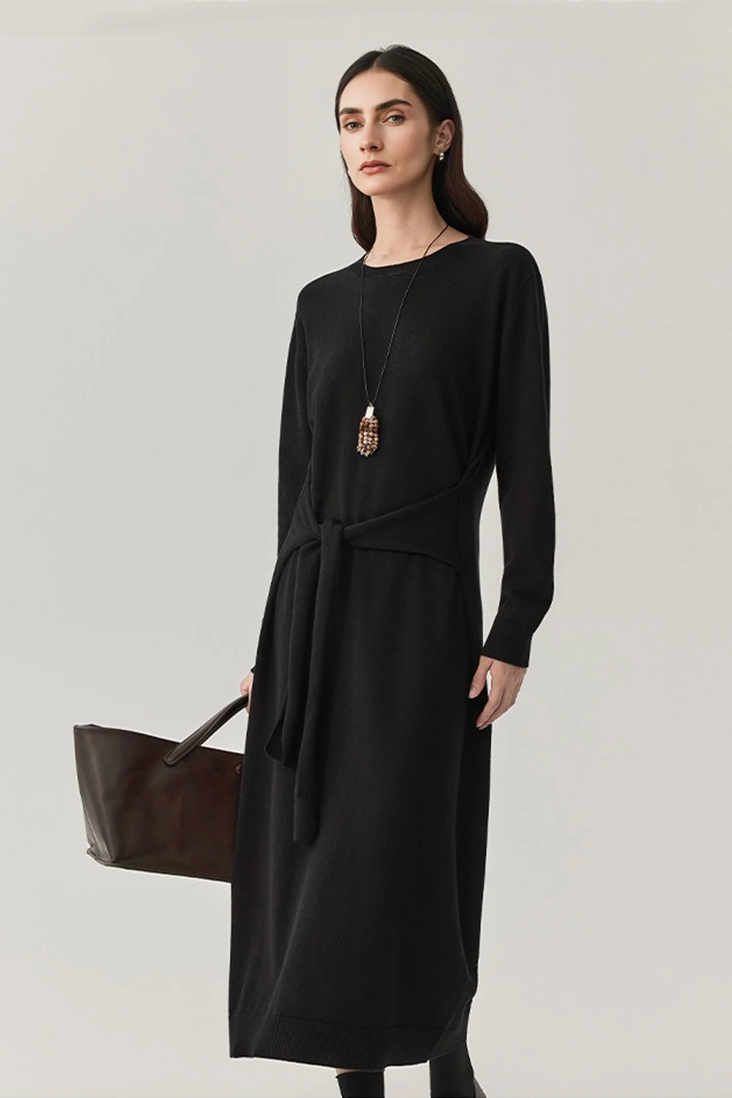 Washable Wool Long Sleeve Tie-Waist Midi Sweater Dress - HBQMJX