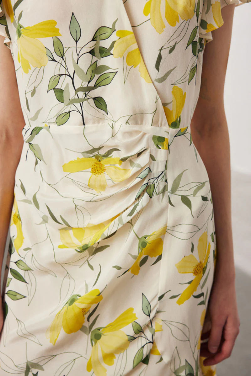 100 Mulberry Silk Floral Flutter-Sleeve V-Neck Ruffle Wrap Midi Dress - HBQMJX