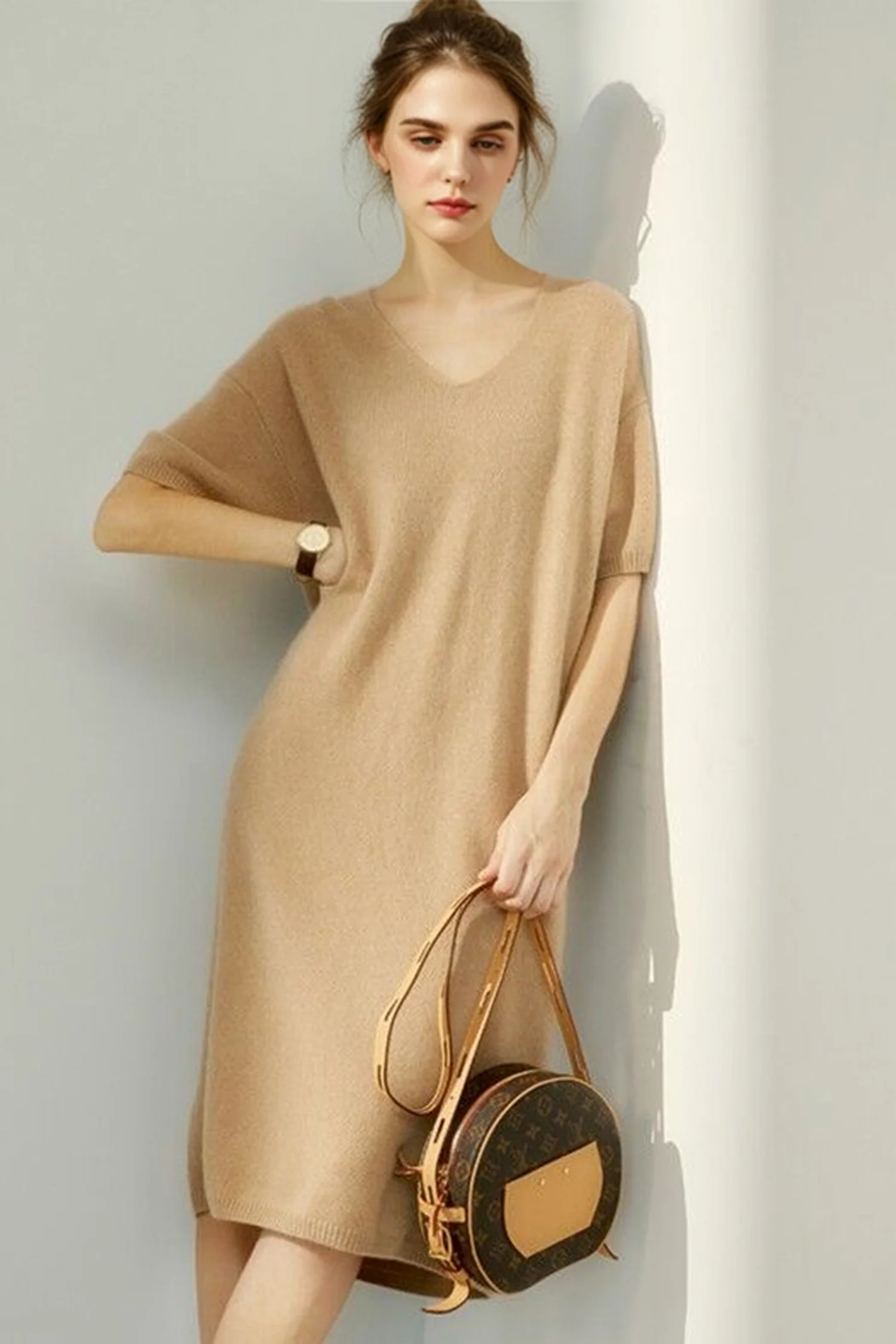 100% Wool Short Sleeve V-Neck Midi Sweater Dress - HBQMJX