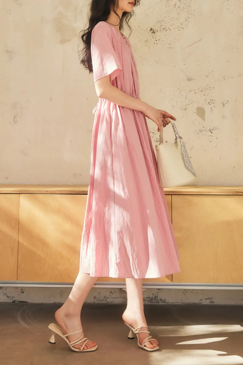 Summer Cinched Waist Midi Dress with Pockets - HBQMJX