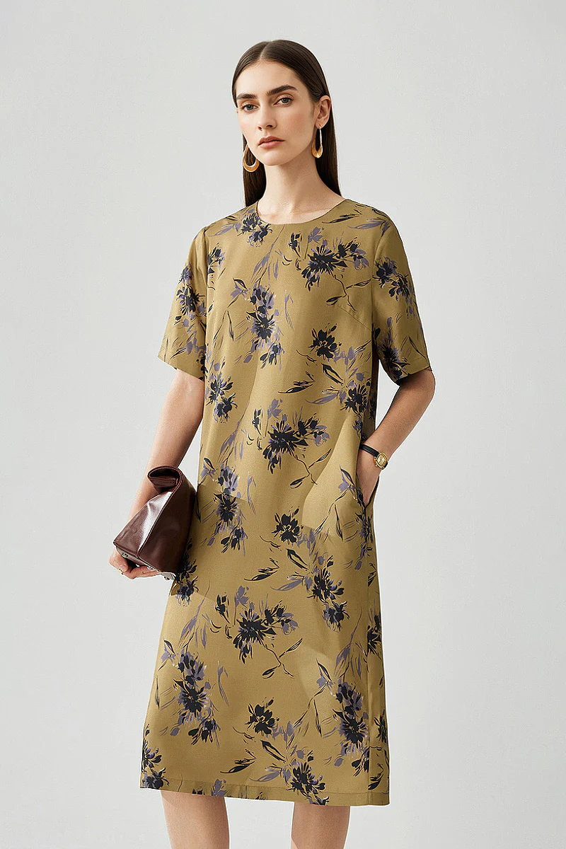 100% Silk Floral Midi Shift Dress with Pockets in Khaki - HBQMJX