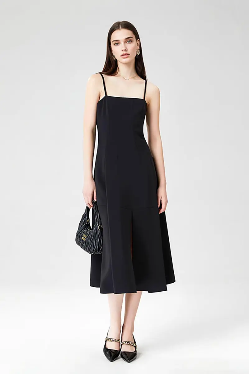 Elegant Black Spaghetti-Strap A-Line Midi Dress - HBQMJX