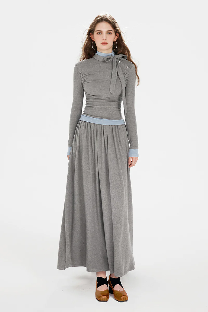 Long-Sleeve Ruched Fit & Flare Maxi Dress with Bow - HBQMJX