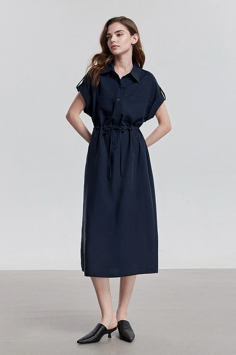 Blue Cap-Sleeve Shirt Midi Dress WIth Belt - HBQMJX