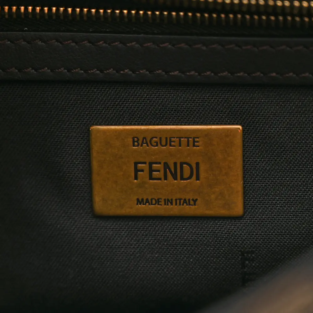 Fendi FF 1974 Midi Chain Baguette Tobacco/Moro Jacquard Fabric Aged Gold Hardware