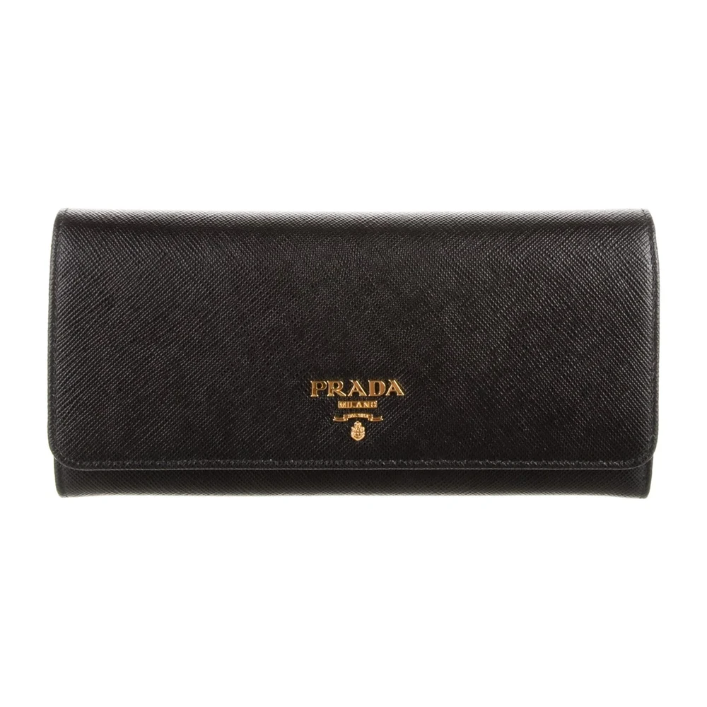 Prada Large Continental Wallet Black Saffiano Metal Leather Gold Hardware