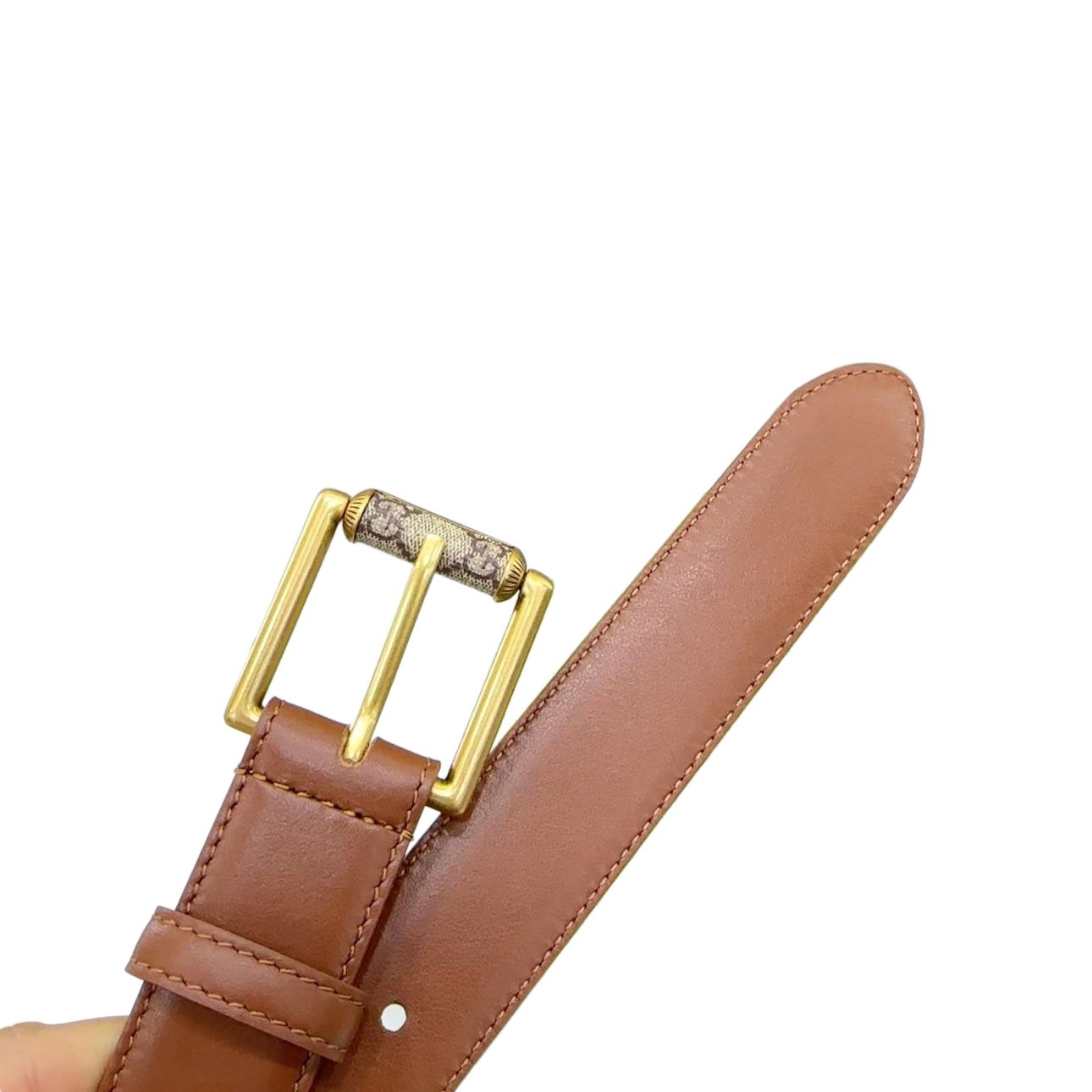 Gucci Women's Emblem Belt With Monogram Buckle In Brown/White/Black Smooth Calfskin With Gold Hardware 30mm