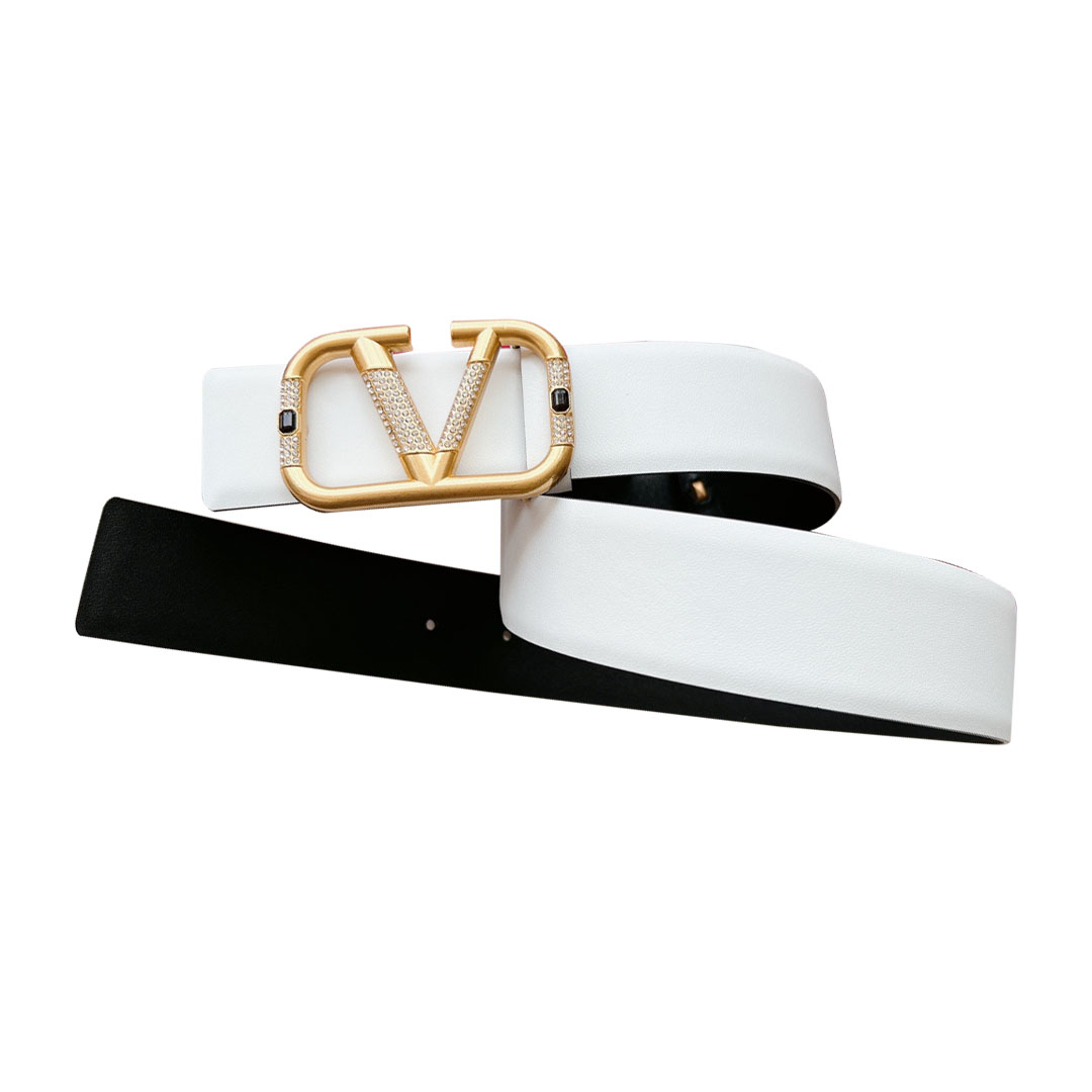 Valentino V Buckle With Crystal Belt In Brown/White Calfskin With Gold Hardware 40mm