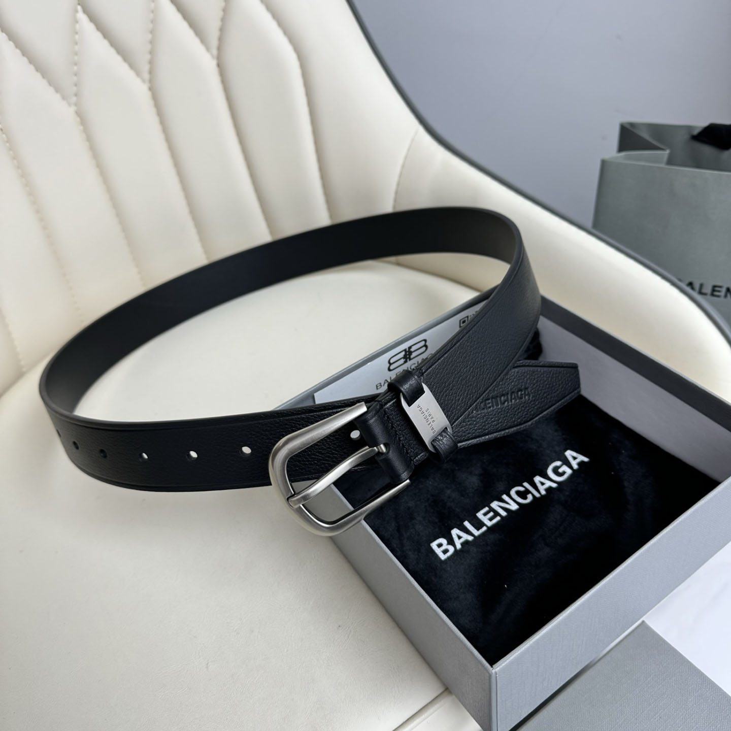 Balenciaga Men's Black Suit Belt In Black Grained Calfskin With Gold/Silver Hardware 35mm