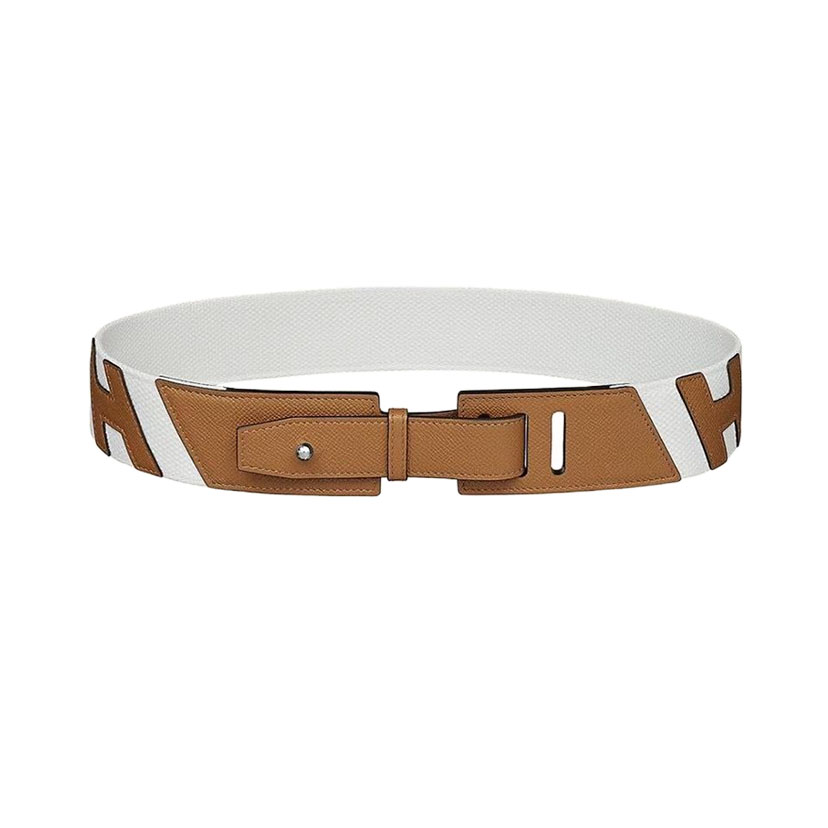 Hermès Women' s Ceinture Croisière Buckle Belt In Brown/White Calfskin With Silver Hardware 50mm