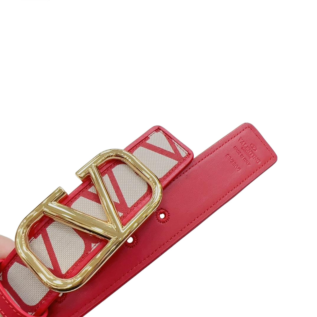 Valentino V Buckle Belt In Red/Black/Coffee Monogram Logo Calfskin With Gold/Gun Black Hardware 40mm