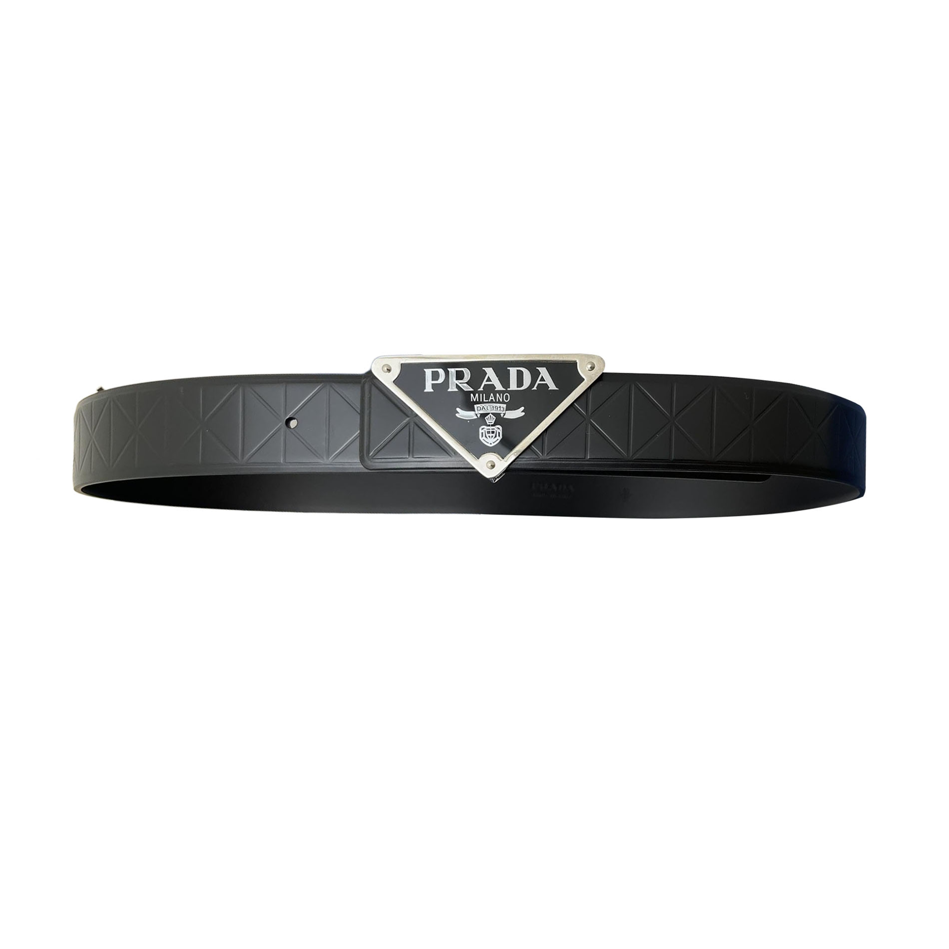Prada Men' s Triangled Buckle Belt In Black Calfskin With Gold/Silver/Black Hardware 35mm