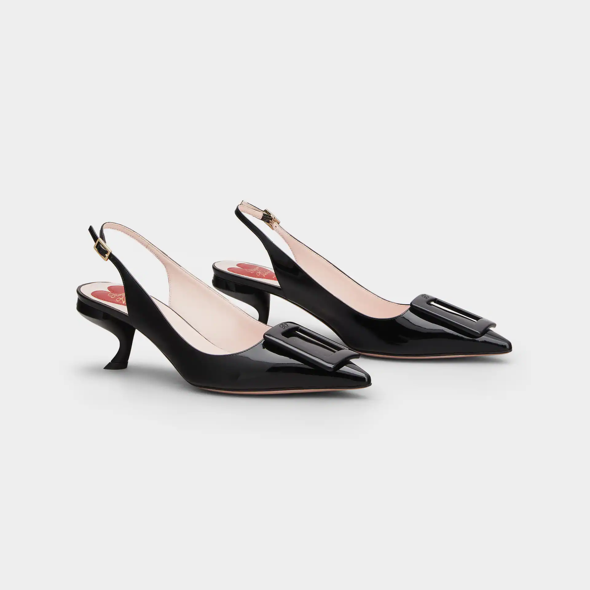 Roger Vivier Virgule Slingback Pumps High Heels In Black Patent Leather With Lacquered Metal Buckle (Heel Height 5.5cm)