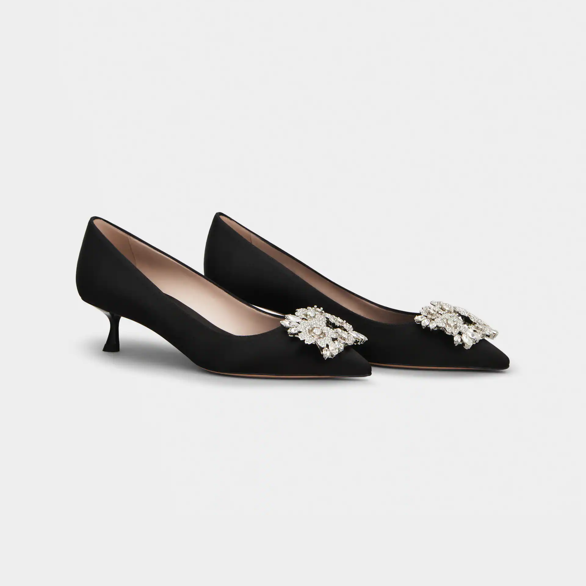 Roger Vivier Efflorescence Pumps High Heels In Black Satin With Crystal Buckle (Heel Height 4.5cm)