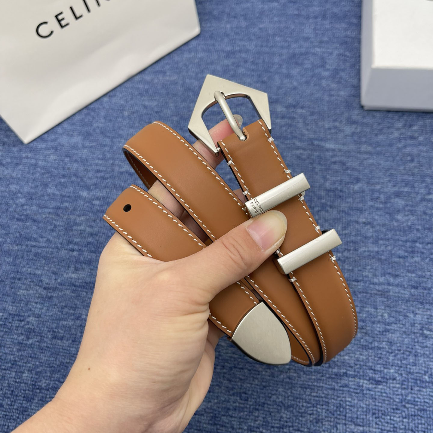 Celine Triangled Buckle Reversible Belt In Brown/Black/Red Calfskin With Gold Hardware 25mm