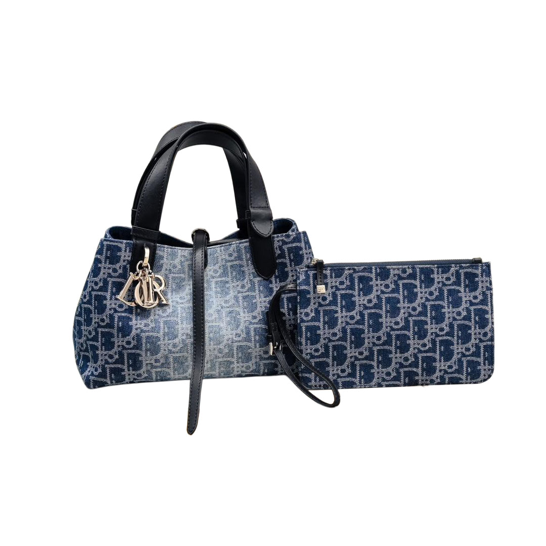 Dior Small Dior Toujours Bag In Blue Denim Dior Oblique Jacquard With Gold Hardware