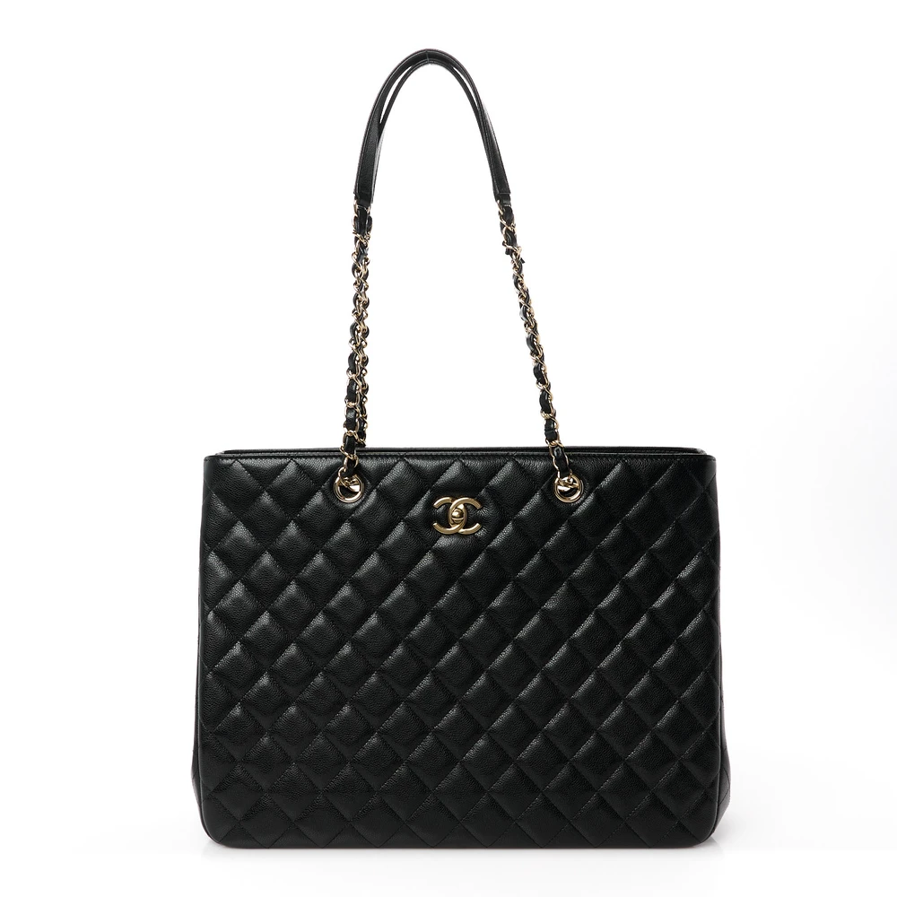 Chanel Shopping Tote Large Black Quilted Caviar Leather Light Gold Hardware