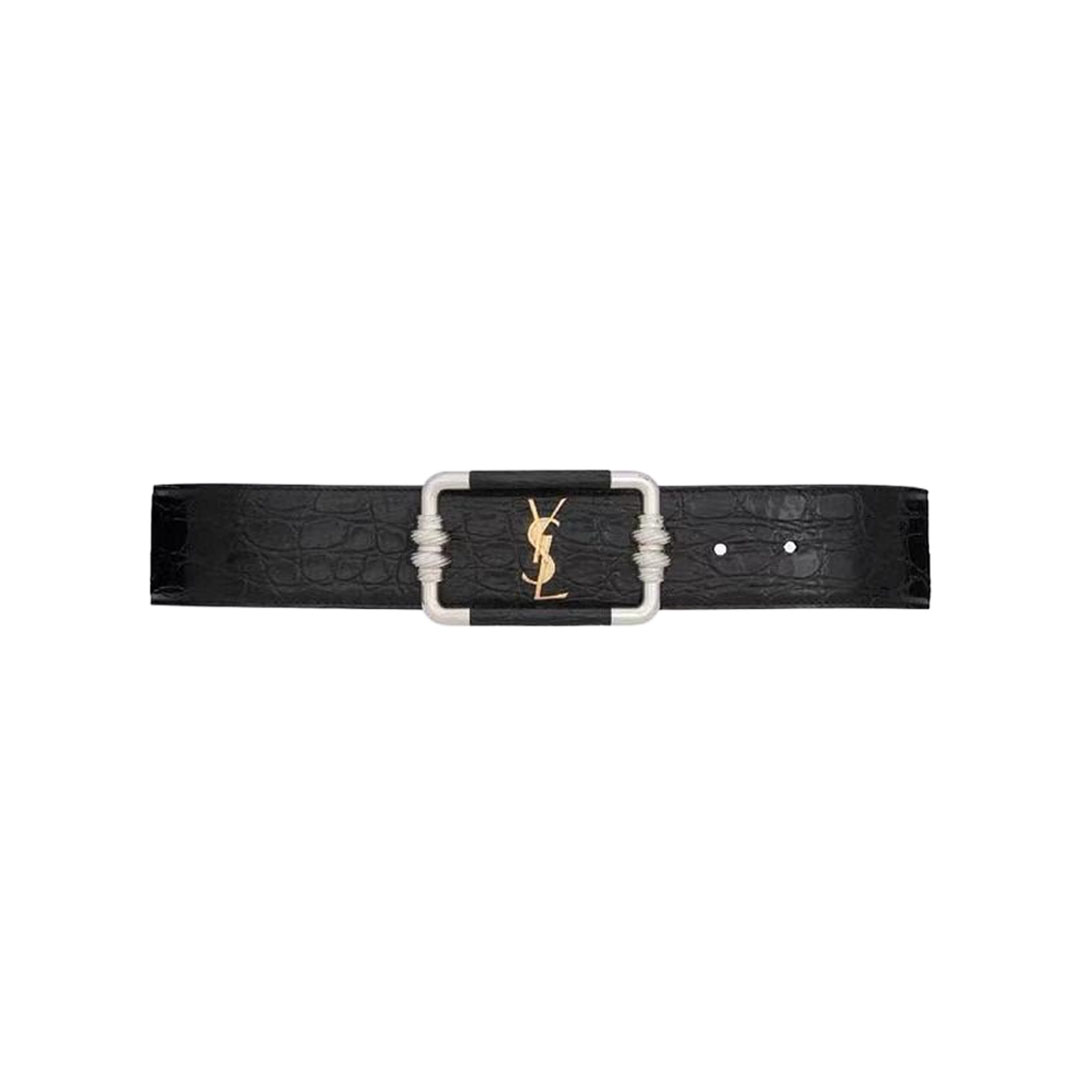 Saint Laurent Cintura Logo Buckle Belt In Black Crocodile-Embossed With Silver/Gold Hardware 30mm