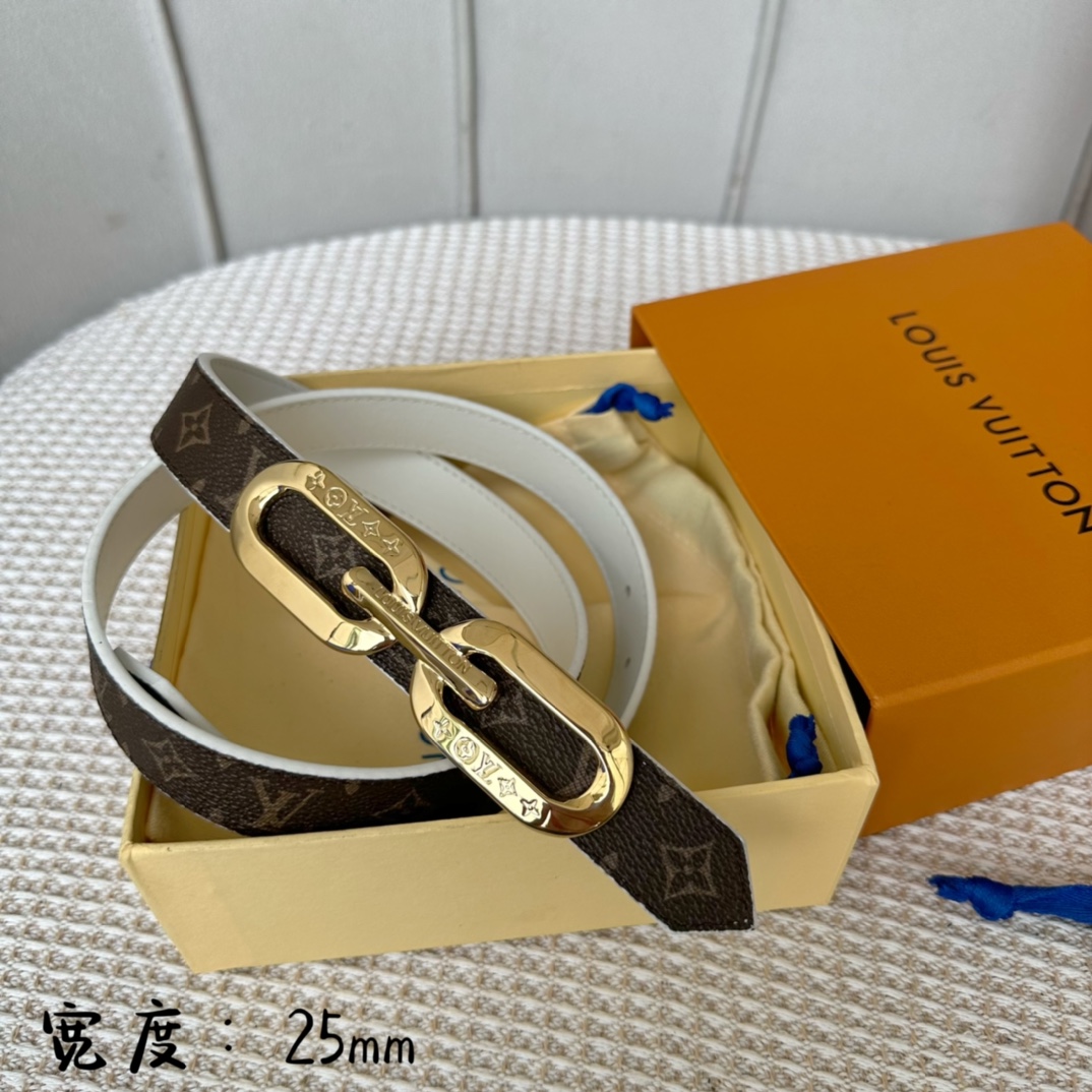 Louis Vuitton Women's Edge Reversible Belt In White Calfskin And Monogram Canvas With Gold Hardware 25mm