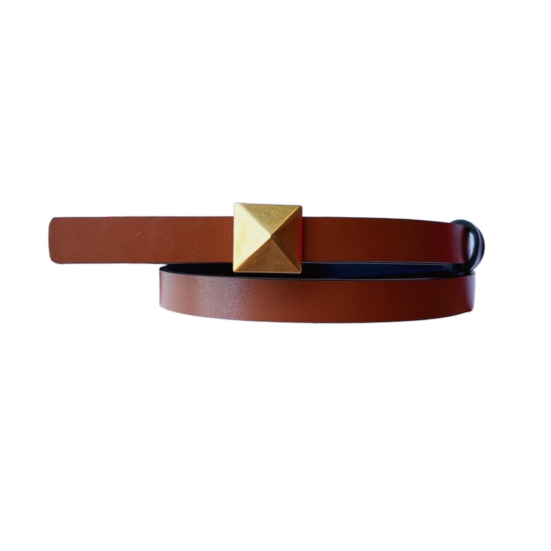 Valentino Rockstud Reversible Belt In Brown/Nude/Purple Calfskin With Gold Hardware 12mm