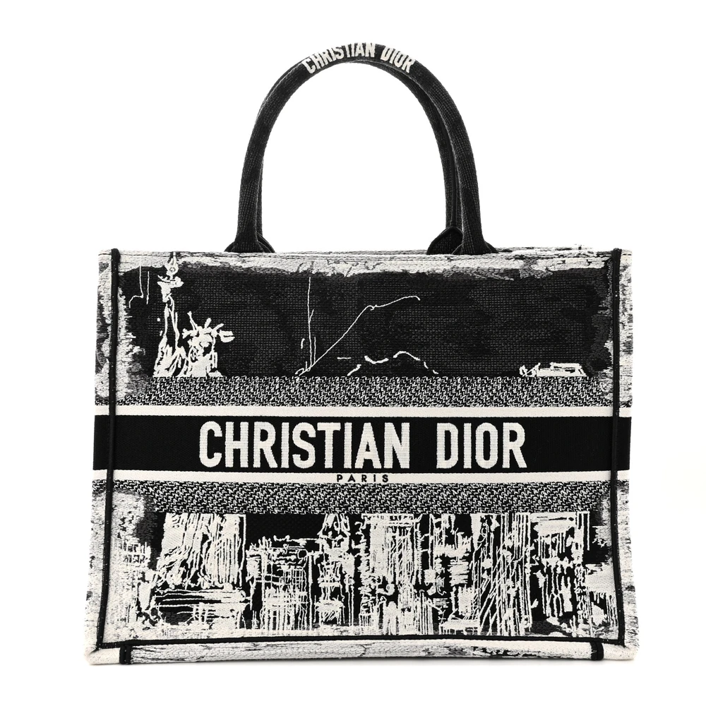Dior Medium New York Book Tote Black/White Embroidered Canvas