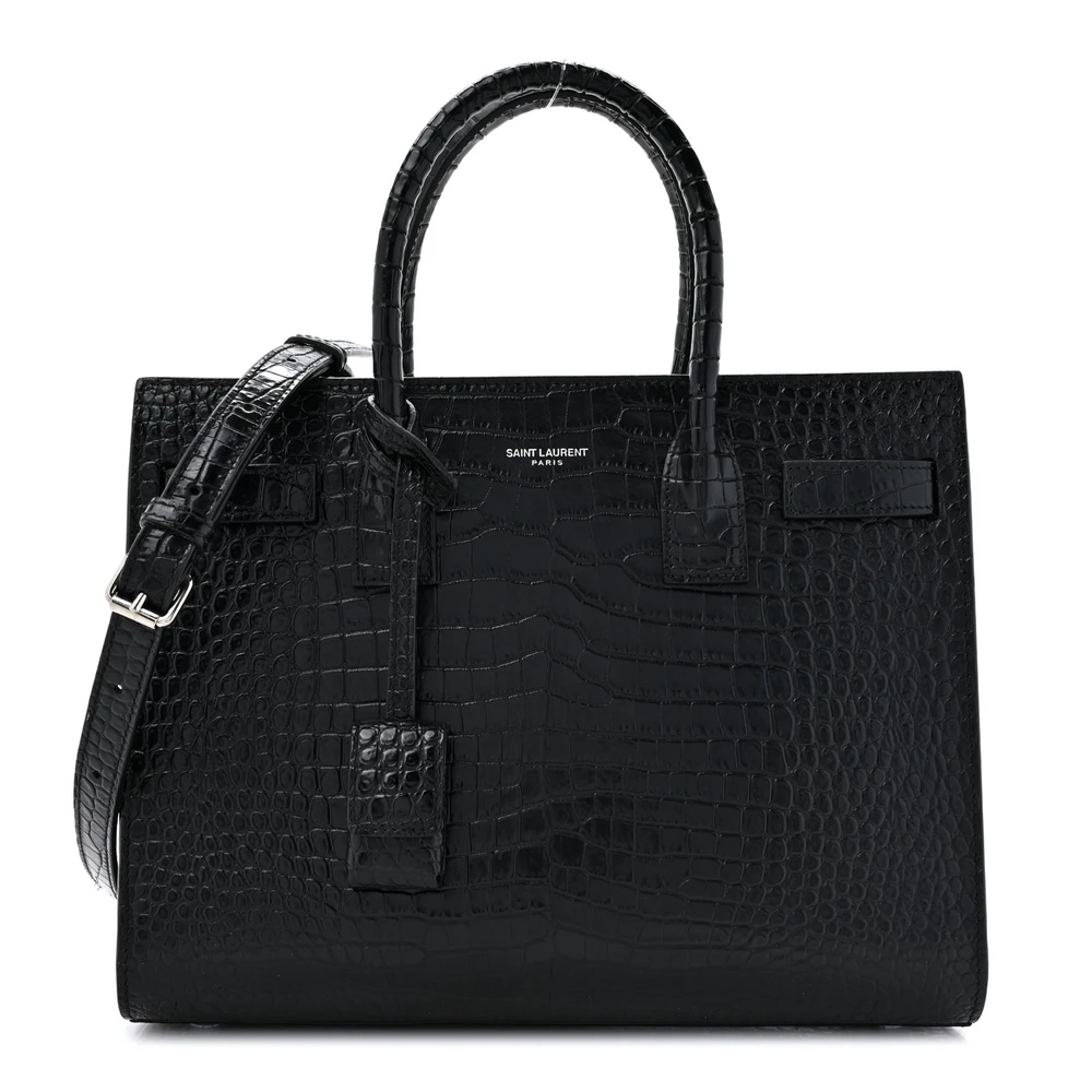 Saint Laurent Small Sac De Jour Black Embossed Calfskin & Crocodile Leather Silver Hardware