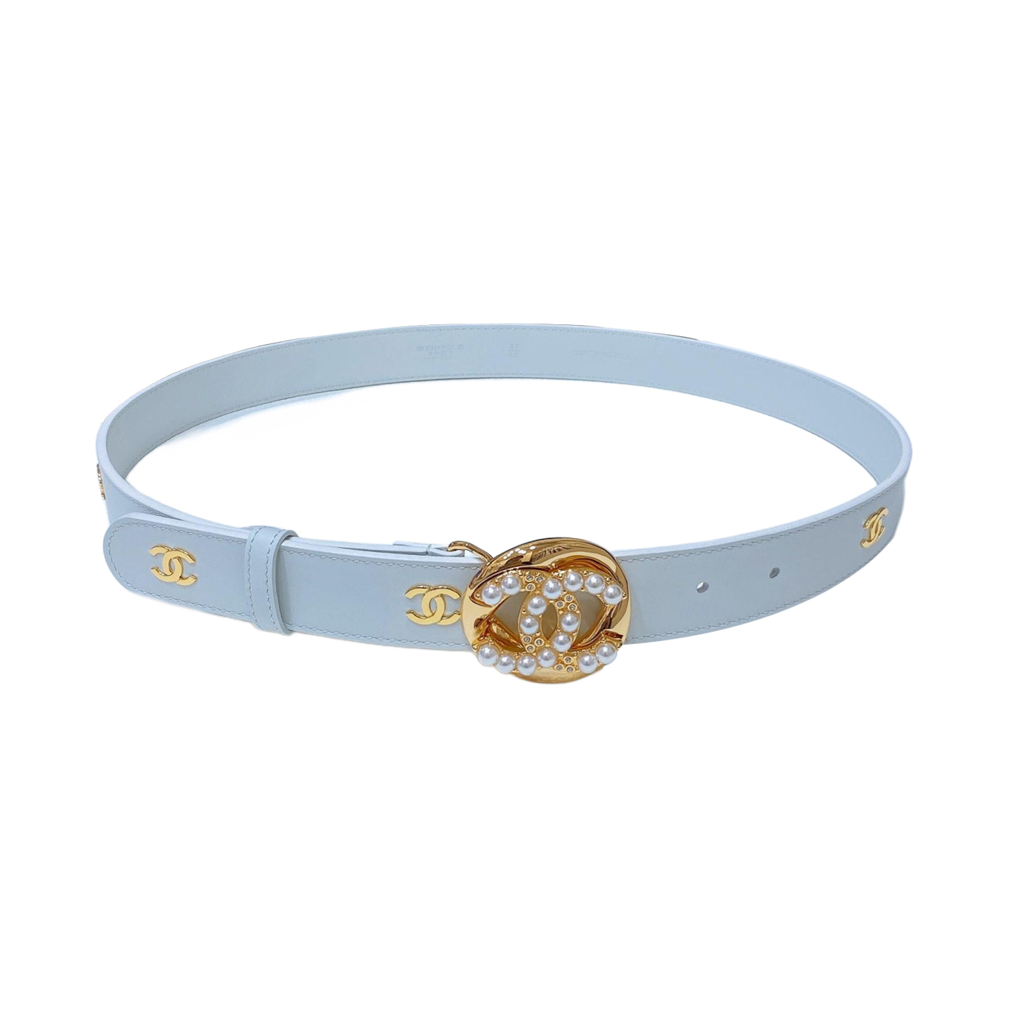 Chanel Women's Pearls CC Belt In Blue/Black/White Lambskin With Gold/Silver Hardware