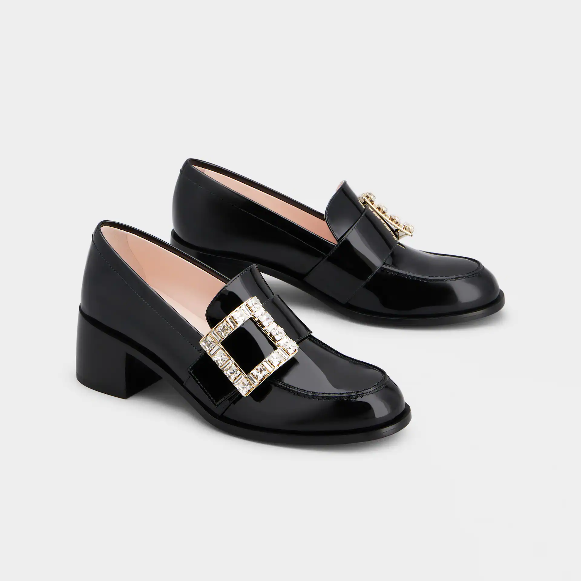 Roger Vivier Viv' Rangers Loafers In Black Patent Leather With Crystal Buckle (Heel Height 5.5cm)