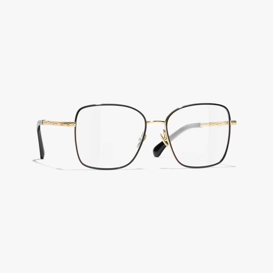 CHANEL square frame glasses black gold color size 57口16-145