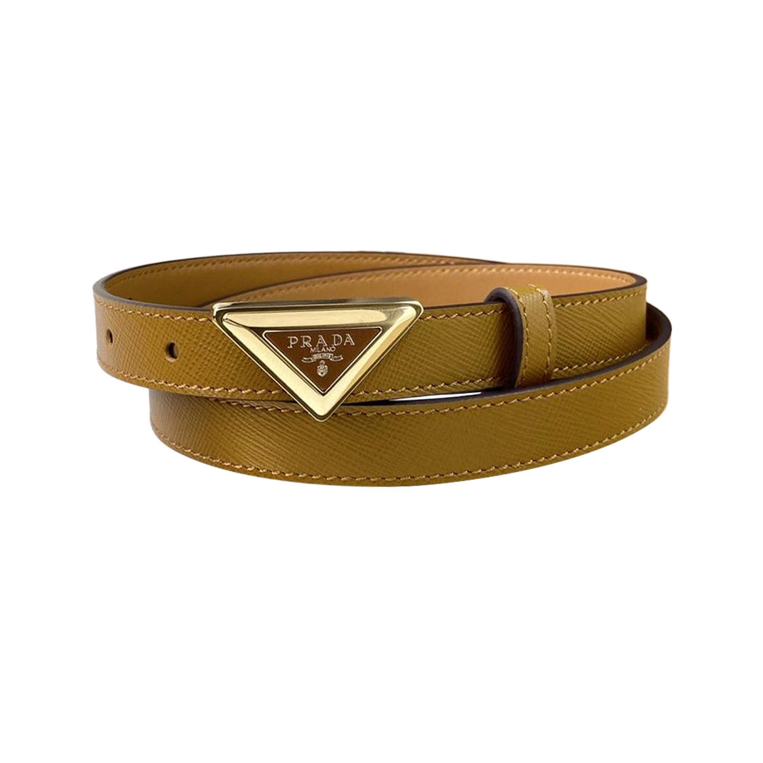 Prada Women' s Triangled Buckle Belt In Brown/Pink/White Calfskin With Gold/Silver Hardware 20mm