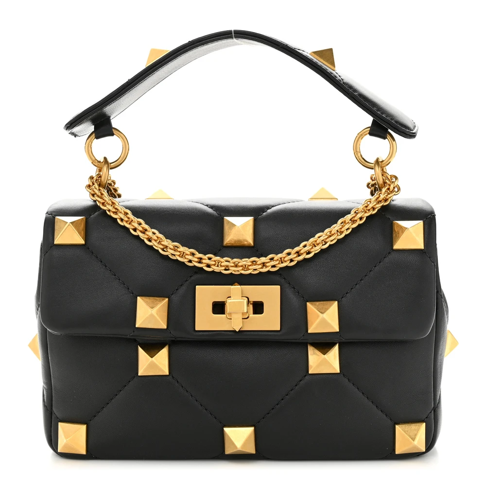 Valentino Garavani Small Roman Stud Shoulder Bag Black Nappa Leather Brass Hardware