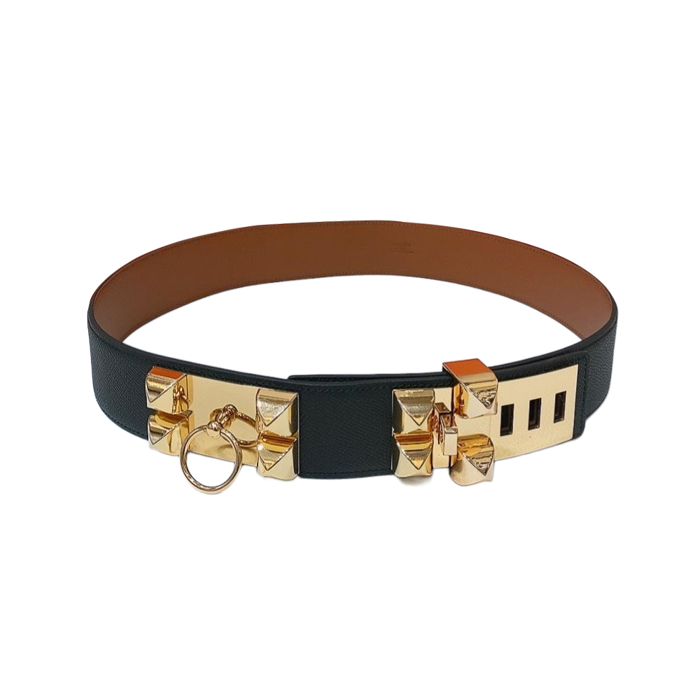 Hermès Women' s Double Rectangled Buckle Belt In Black /Brown Calfskin With Gold/Silver Hardware 45mm