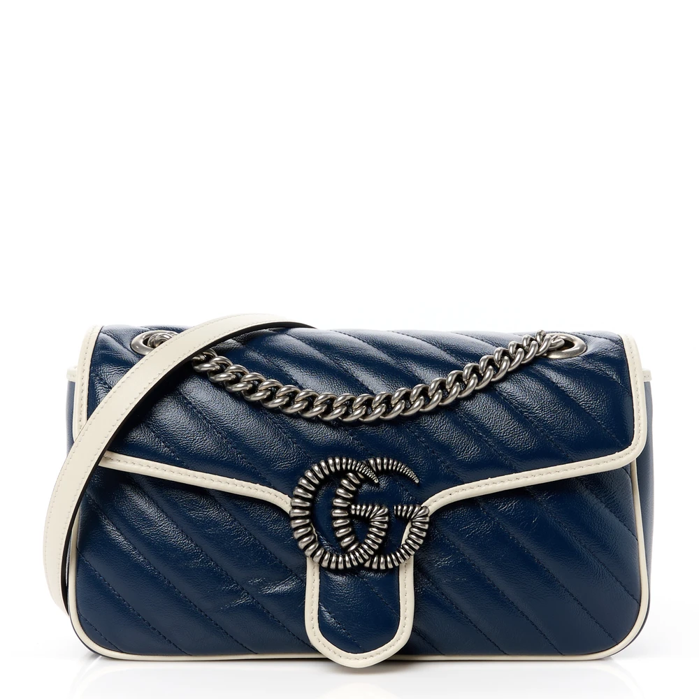 Gucci Small Torchon GG Marmont Shoulder Bag Blue Agata / Mystic White Vintage Effect Calfskin Leather Matelassé Diagonal Aged Silver Hardware