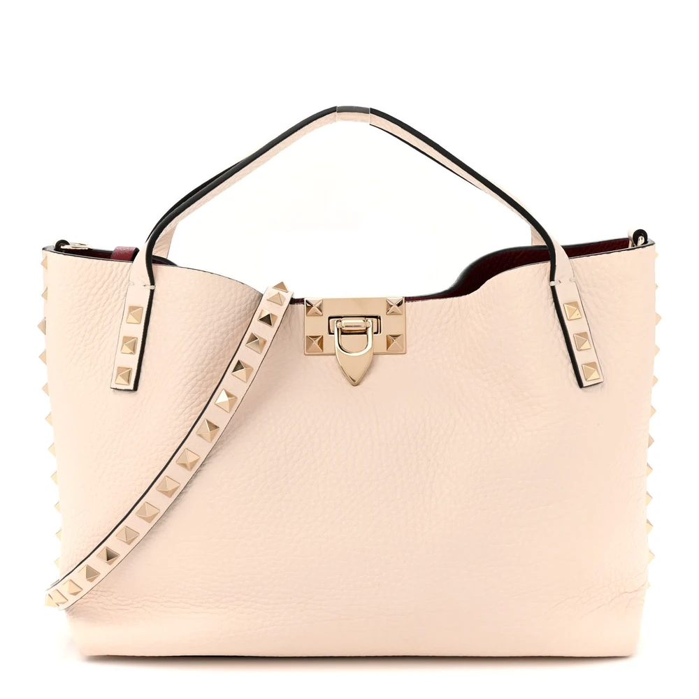 Valentino Garavani Small Rockstud Flip Lock Tote Bag Light Ivory/Rubino Grained Calfskin Leather Gold Hardware