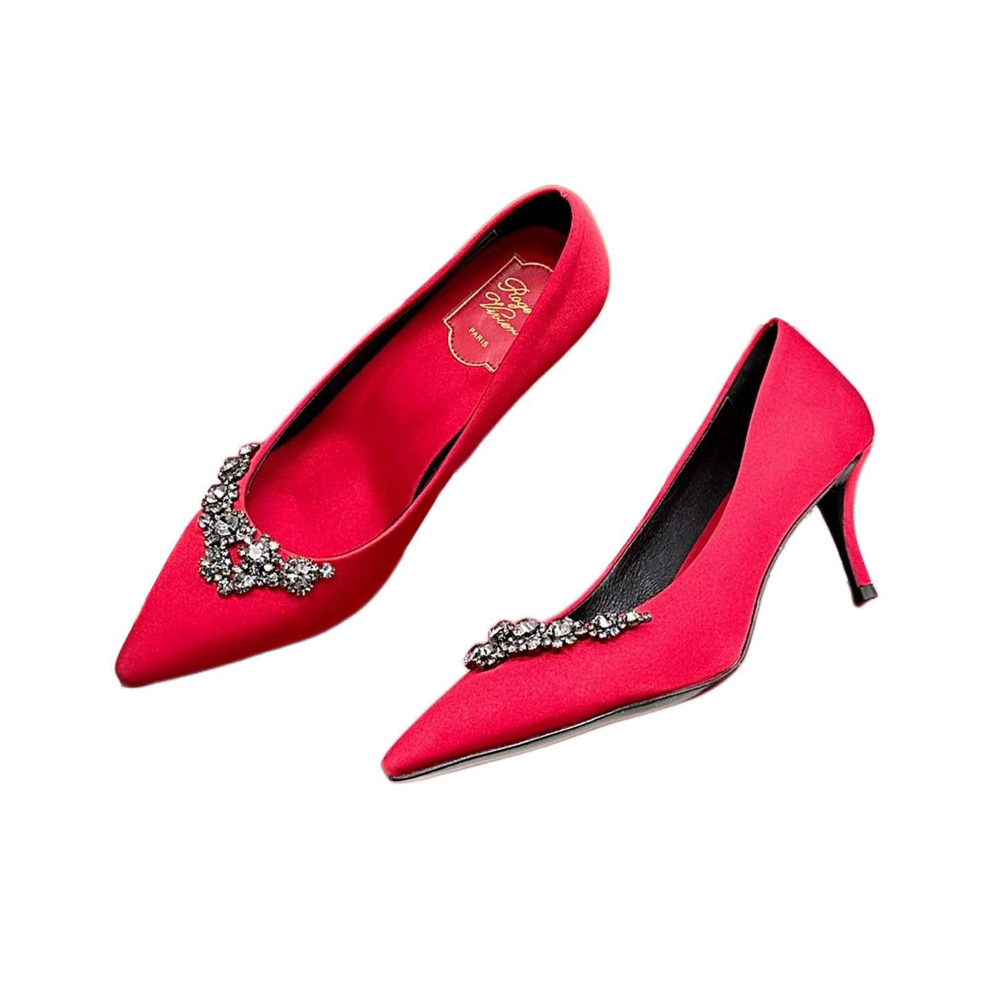Roger Vivier Efflorescence Pumps High Heels In Red/Silver Satin With Crystal Flowers Buckle (Heel Height 6.5cm)