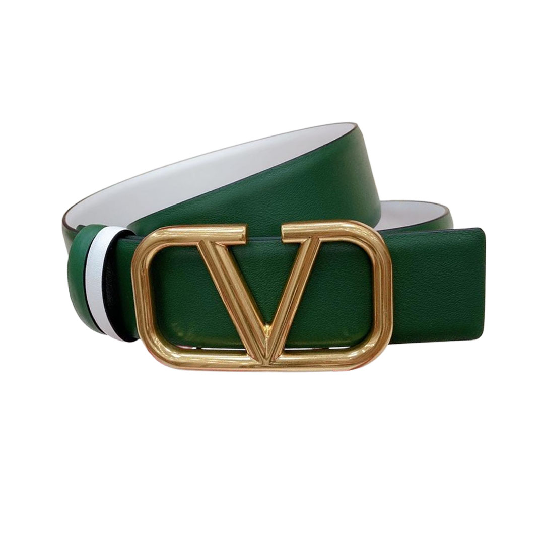 Valentino V Buckle Belt In Green/Light Green/Red/Blue/Black/Brown/Pink/Nude/Gold Black/Gold White Calfskin With Gold Hardware 40mm