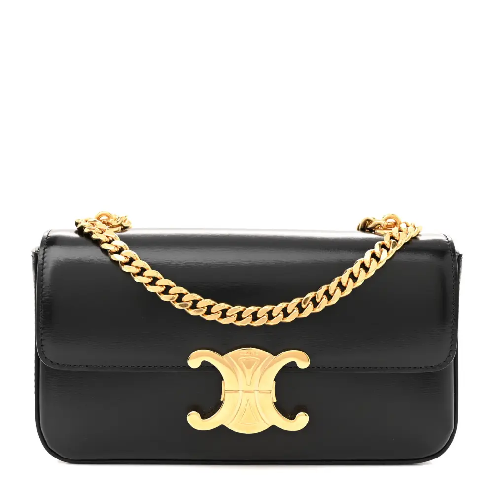 Celine Small Triomphe Chain Shoulder Bag Black Shiny Calfskin Leather Gold Hardware