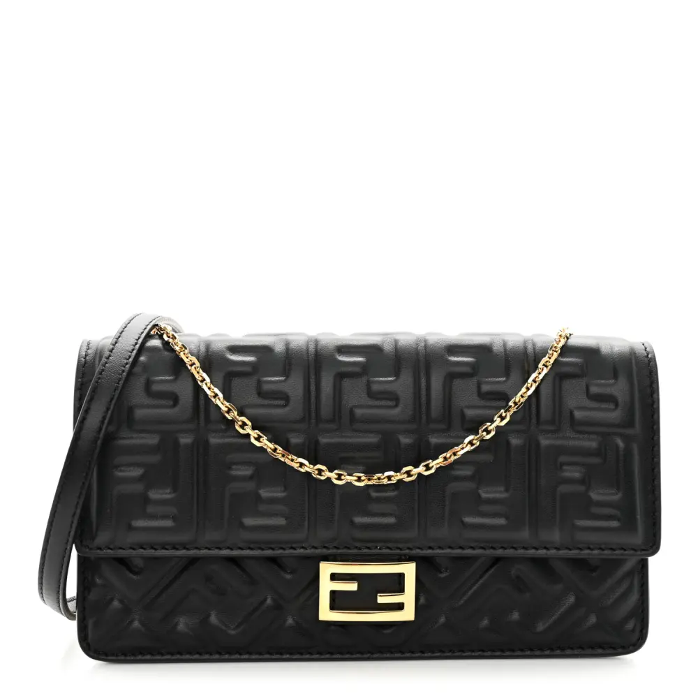 Fendi FF Embossed Wallet On Chain (WOC) Black Matisse Nappa Leather Light Gold Hardware
