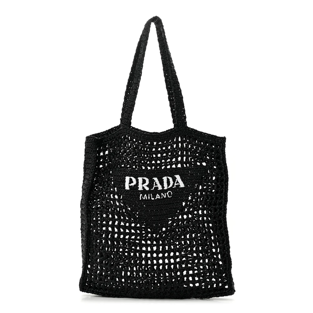Prada Medium Effect Crochet Logo Embroidered Tote Bag Black Yarn Raffia