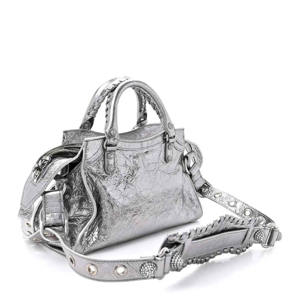 Balenciaga XS Crystal Neo Cagole Handbag Silver Agneau Arena Leather Silver Hardware