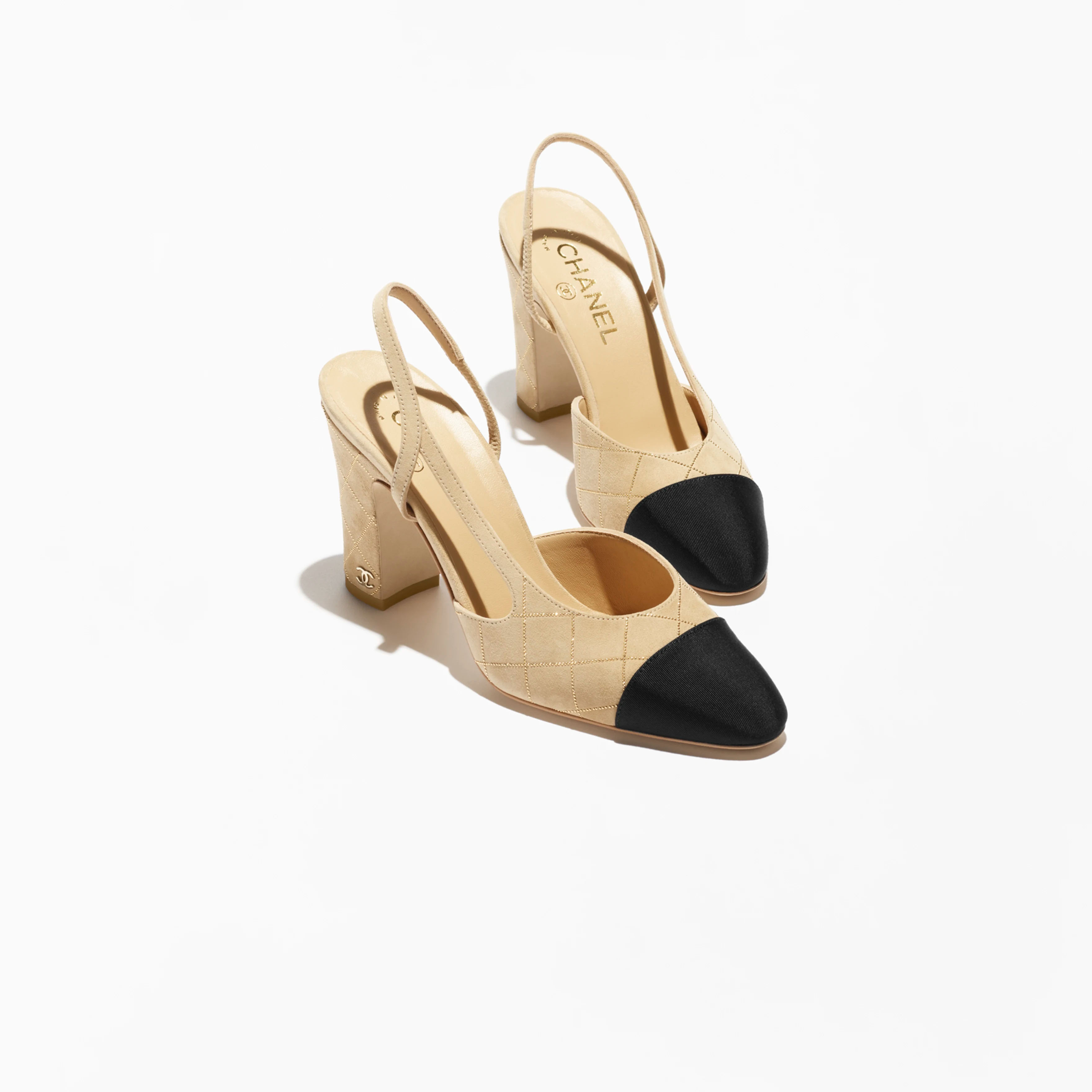 Chanel, Beige, gold and black .Suede, sheep leather and grosgrain, Rear lace up high heels High Heels Sandal