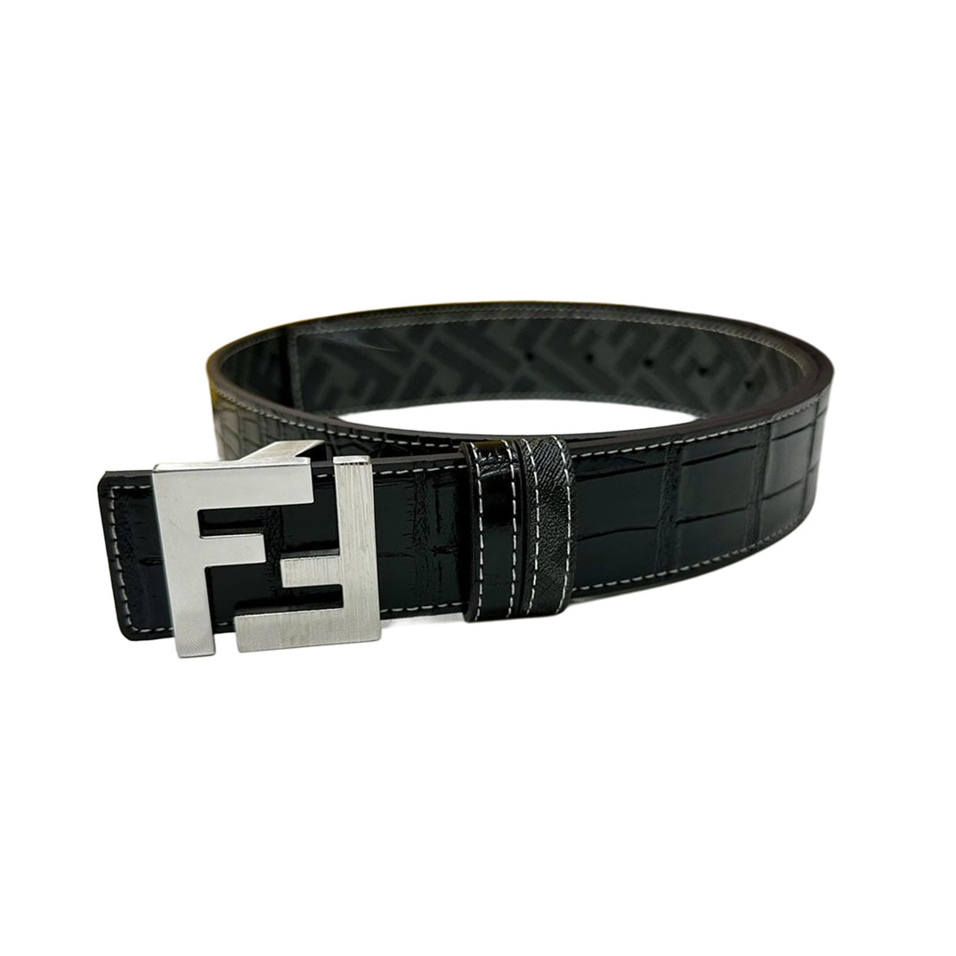 Fendi Men's Squared FF Buckle Belt In Black Crocodile-Embossed Calfskin And Monogram Canvas With Gold/Silver/Gun Black Hardware 40mm