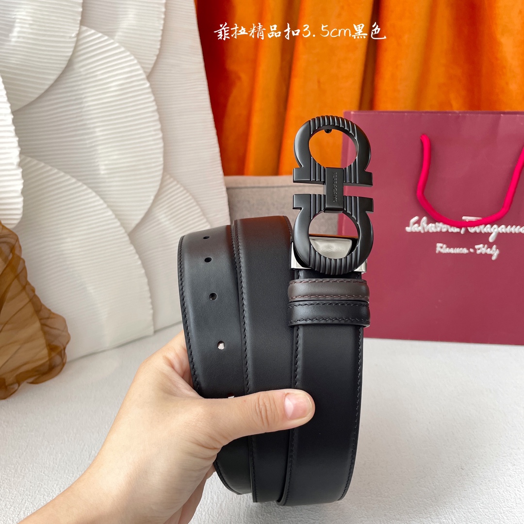 Ferragamo Men's Double Gancini Buckle Reversible Belt In Black/Coffee Smooth Calfskin With Gold/Silver/Black/Gun Black Hardware 35mm