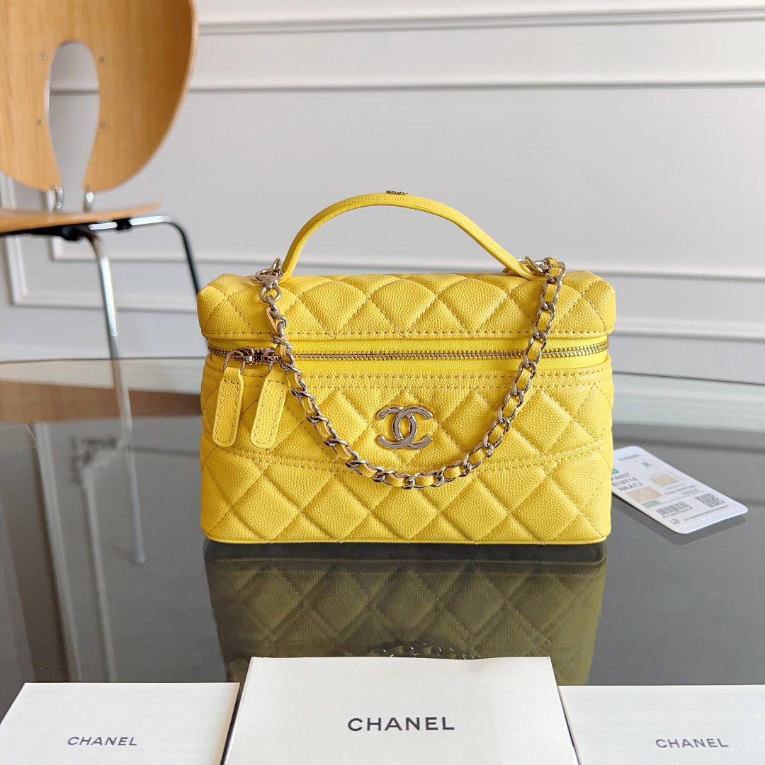 Chanel Yellow / Pink / white / Grey / Black / Apricot color Lychee print calfskin handle makeup bag handbag