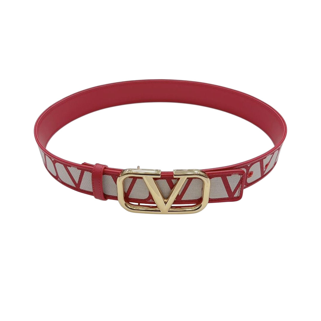 Valentino V Buckle Belt In Red/Black/Coffee Monogram Logo Calfskin With Gold/Gun Black Hardware 40mm